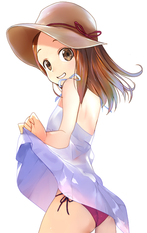 10s, 1girl, backless_dress, backless_outfit, bare_shoulders, bikini, bikini_bottom_only, bonfurai, brown_eyes, brown_hair, cowboy_shot, dress, female_focus, hat, karakai_jouzu_no_takagi-san, looking_at_viewer, simple_background, smile, solo, standing, sun_hat, swimsuit, takagi-san, white_background, white_dress