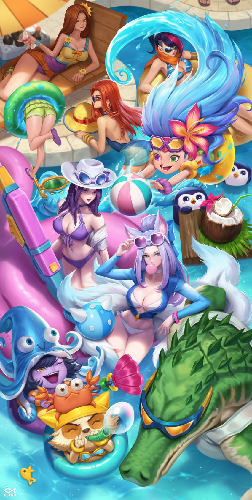 3boys, 6+girls, absurdres, ahri_(league_of_legends), animal_ears, ball, beach_chair, beachball