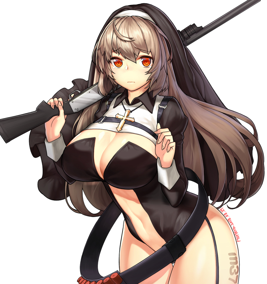 1girl, alternate_costume, ammunition, artist_name, bandolier, belt, breasts, brown_hair