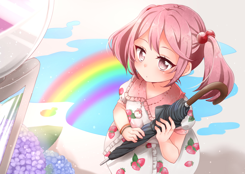 1girl, alternate_costume, blush, closed_mouth, closed_umbrella, day, dress, female_focus, flower, food, food_print, fruit, fruit_print, hoshina_mako, hydrangea, kantai_collection, long_hair, outdoors, pastel_colors, pink_eyes, pink_hair, puddle, rainbow, reflection, ringed_eyes, sazanami_(kancolle), sazanami_(rainy_season)_(kancolle), solo, strawberry, strawberry_print, twintails, umbrella
