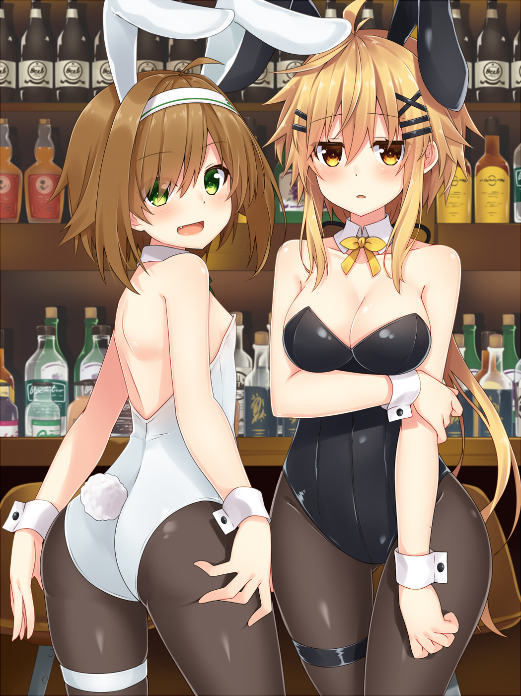 2girls, :d, alcohol, animal_ears, arm_under_breasts, ass, bar_(place), bare_shoulders, black_leotard, blonde_hair, blush, bottle, breasts, brown_eyes, brown_hair, brown_legwear, cleavage, collarbone, commentary, detached_collar, eyes_visible_through_hair, fake_animal_ears, fang, green_eyes, hair_between_eyes, hair_ornament, hair_over_one_eye, hairband, hairclip, haru_(komori_kuzuya), head_tilt, highres, indoors, komori_kuzuyu, leotard, long_hair, looking_at_viewer, looking_back, medium_breasts, multiple_girls, nao_(kuzuya), open_mouth, original, pantyhose, parted_lips, playboy_bunny, rabbit_ears, rabbit_tail, short_hair, sidelocks, skindentation, small_breasts, smile, stool, strapless, strapless_leotard, tail, thigh_strap, very_long_hair, whiskey, white_hairband, white_leotard, wrist_cuffs, x_hair_ornament, yellow_neckwear