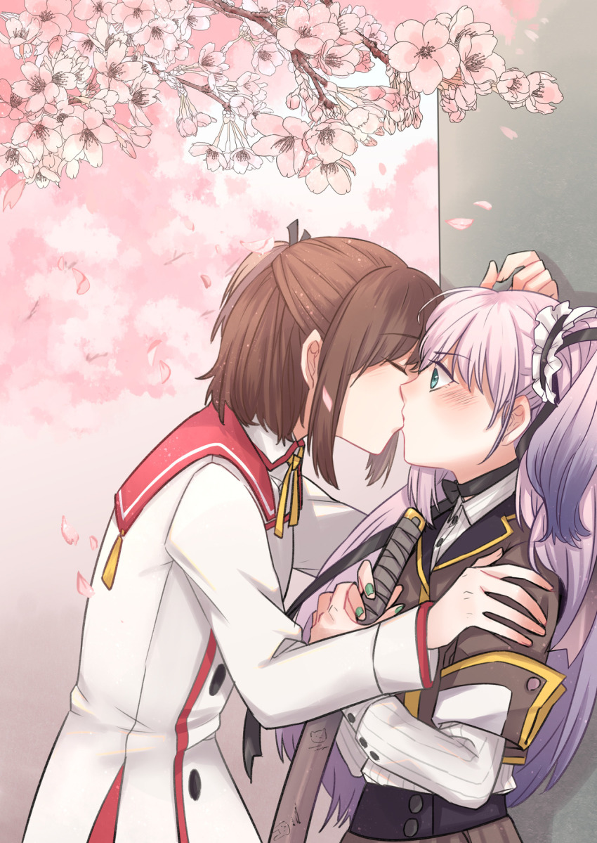 10s, 2girls, against_wall, aqua_eyes, artist_request, black_choker, black_ribbon, blush