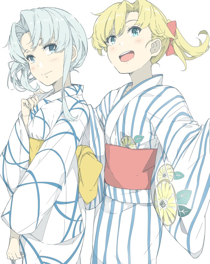 2girls, alternate_costume, asymmetrical_hair, blonde_hair, blue_eyes, cowboy_shot, flipped_hair, floral_print