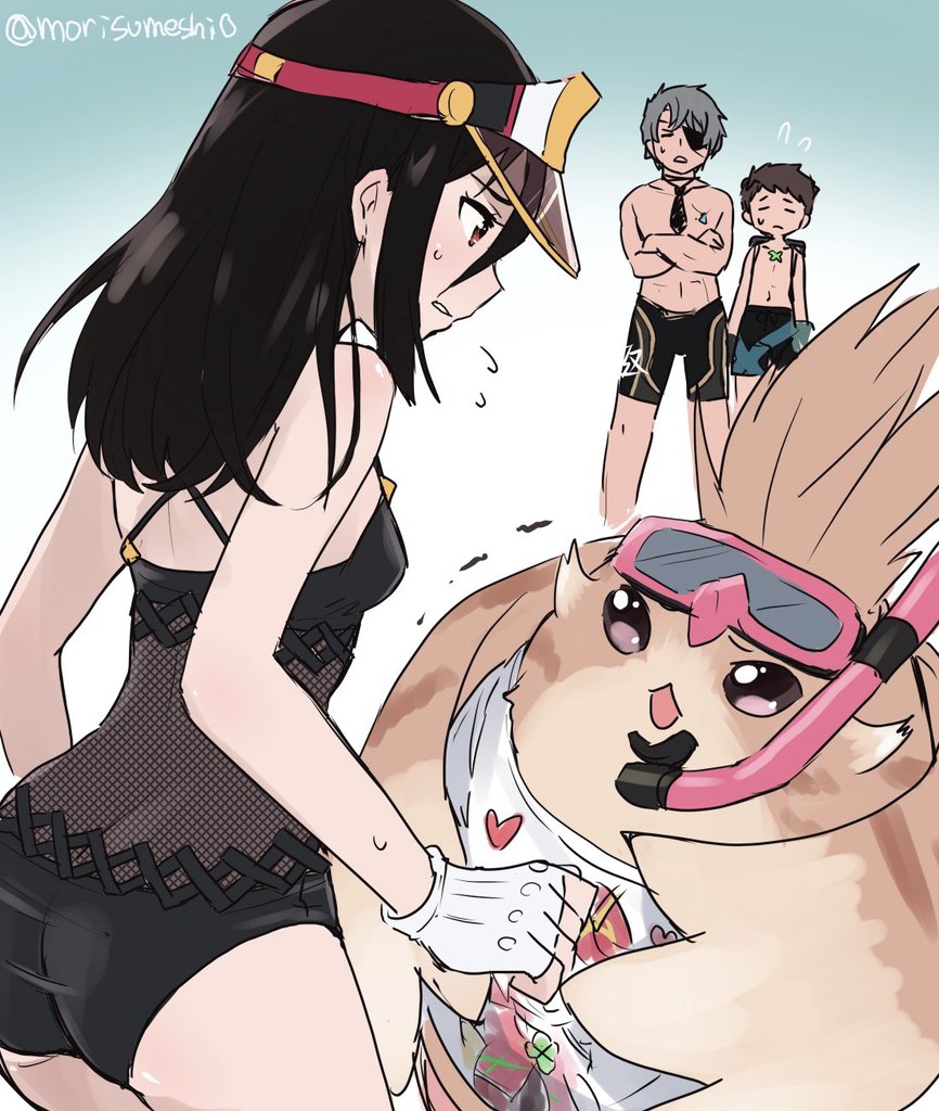 1girl, 3boys, ass, bad_id, bad_twitter_id, black_hair, blush, breasts