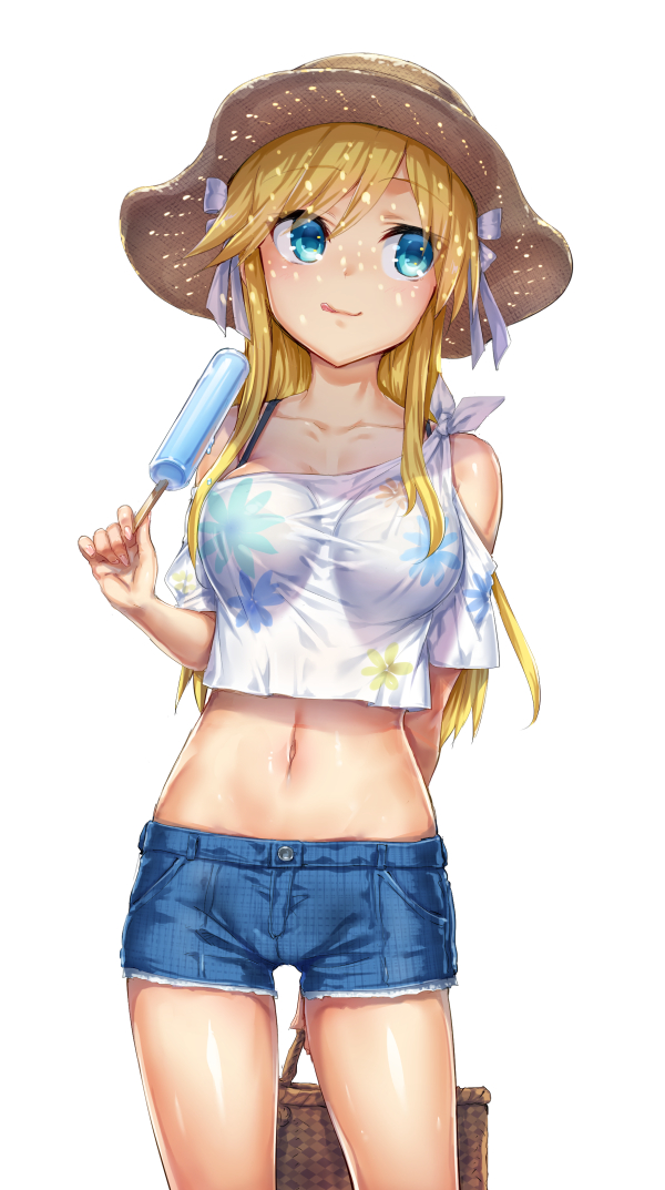 1girl, :q, arm_behind_back, basket, blonde_hair, blue_eyes, breasts, chunithm, collarbone, commentary_request, cowboy_shot, female_focus, food, hair_ribbon, hat, hisasi, irodorimidori, long_hair, medium_breasts, midriff, navel, ogata_arishiana, popsicle, ribbon, shorts, simple_background, solo, sun_hat, tongue, tongue_out, white_background, white_ribbon