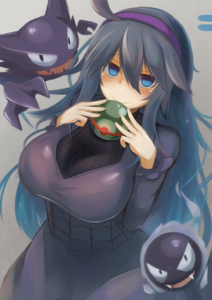 1girl, ahoge, akahuzi, alternate_breast_size_(larger), blue_eyes, blush, breasts, closed_mouth, dusk_ball, gastly, gen_1_pokemon, hairband, haunter, hex_maniac_(pokemon), hex_maniac_(pokemon_xy), highres, holding, holding_poke_ball, large_breasts, long_hair, long_sleeves, looking_at_viewer, nintendo, poke_ball, pokemon, pokemon_(creature), pokemon_x_and_y, purple_hair, smile