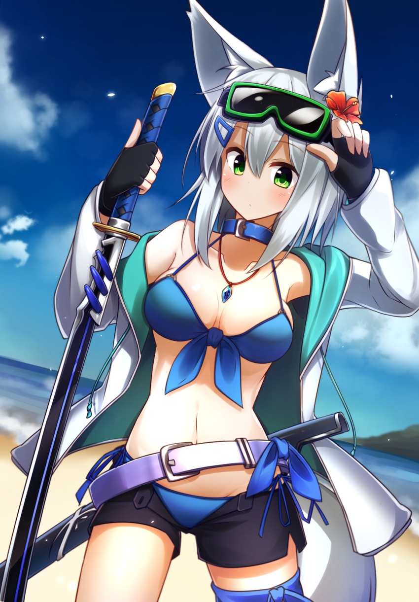 1girl, animal_ear_fluff, animal_ears, arm_up, bare_shoulders, beach, bikini, bikini_under_clothes