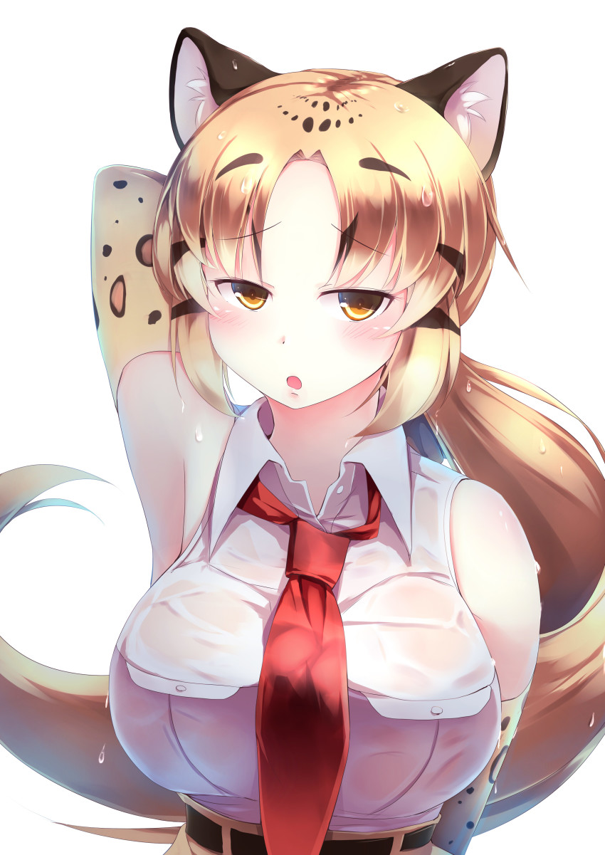 10s, 1girl, :o, absurdres, animal_ears, animal_print, arm_behind_head, armpits