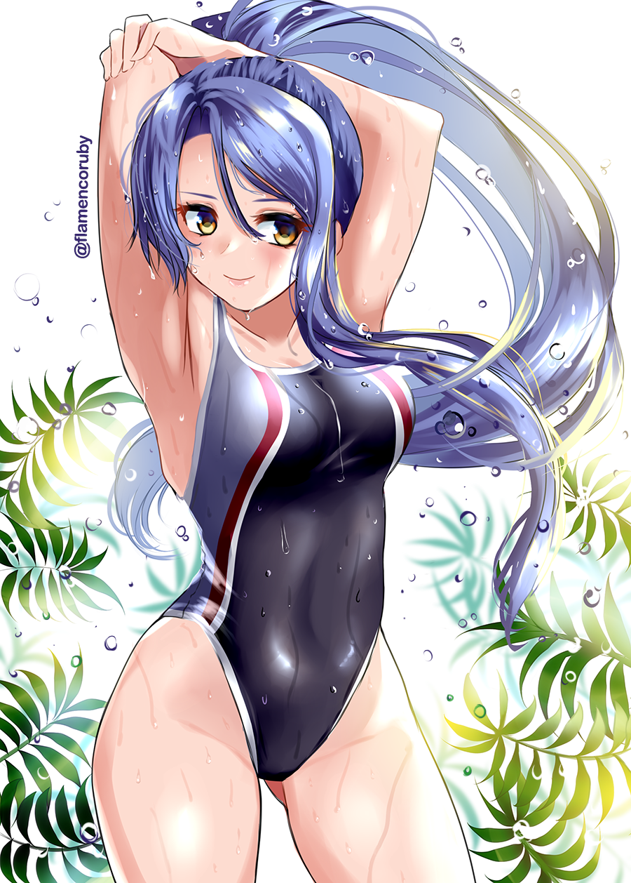 1girl, armpits, arms_up, blue_hair, breasts, competition_swimsuit, cowboy_shot, eiyuu_densetsu, falcom, female_focus, groin, highres, kasa_(flamencoruby), laura_s._arseid, long_hair, medium_breasts, one-piece_swimsuit, plant, ponytail, sen_no_kiseki_(series), sen_no_kiseki_i, smile, solo, swimsuit, twitter_username, water_drop, wet, yellow_eyes