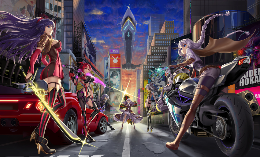 6+girls, aircraft, airship, ass, blue_eyes, bodysuit, braid, breasts