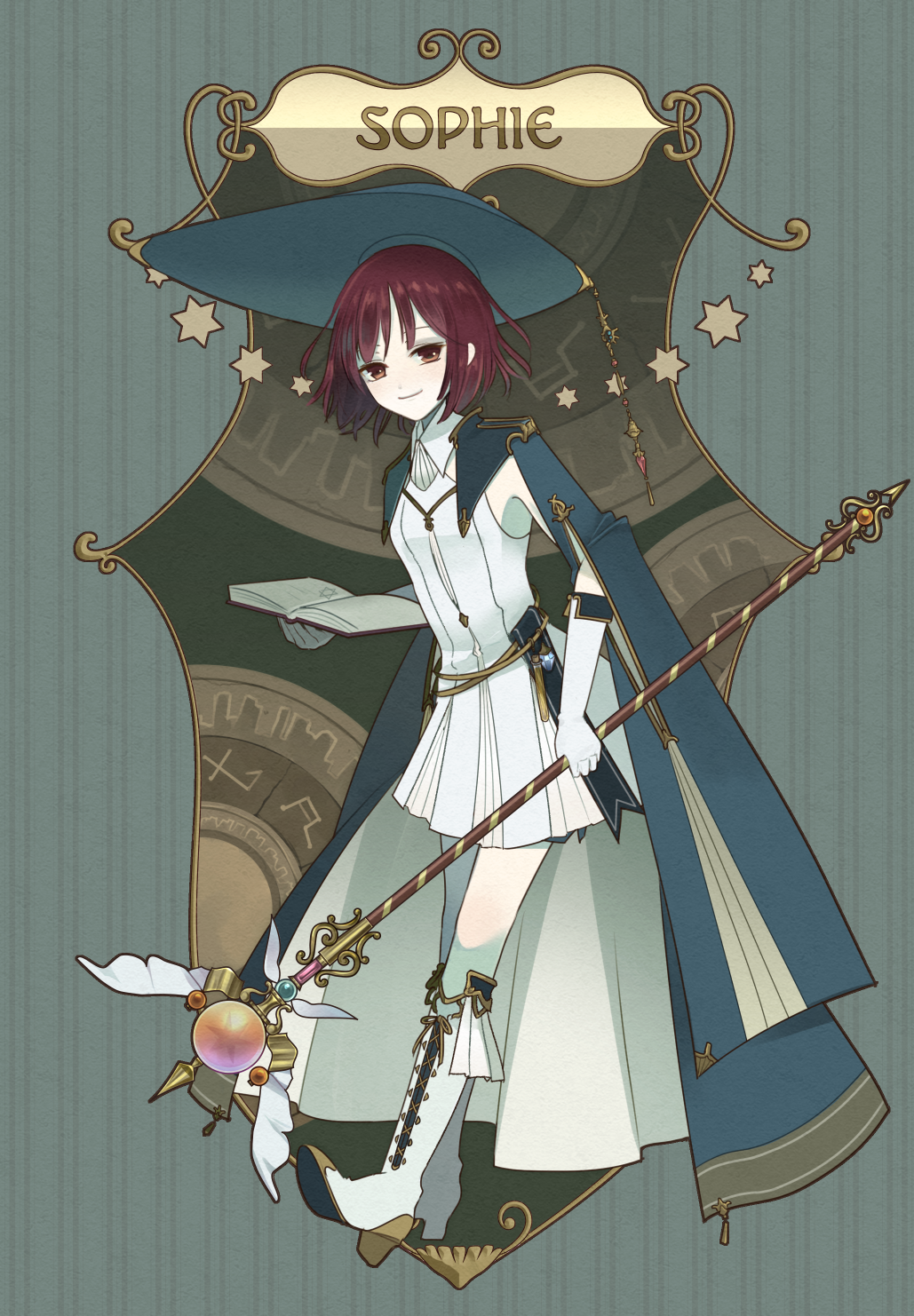 1girl, atelier_(series), atelier_sophie, book, boots, brown_eyes, brown_hair, character_name