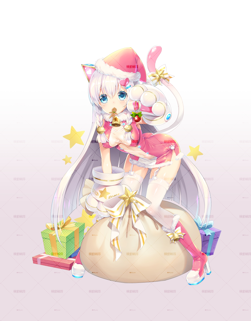 1girl, animal_ears, animal_hands, bad_id, bad_pixiv_id, bell, bent_over, blue_eyes