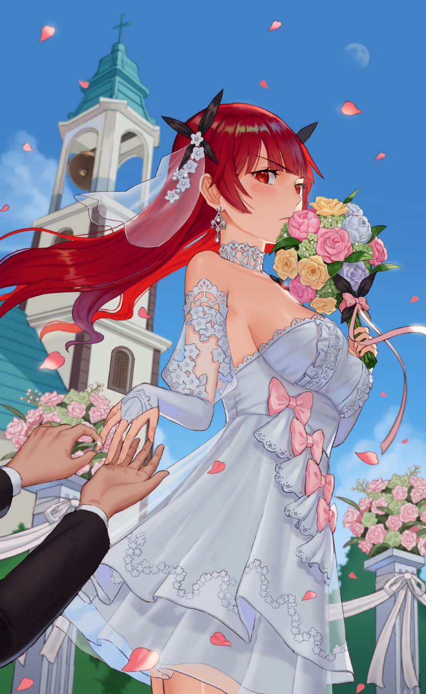 1girl, answer_(l_c123), azur_lane, bad_id, bad_pixiv_id, bare_shoulders, blue_sky, blush, bouquet, bow, breasts, bridal_gauntlets, church, closed_mouth, day, dress, earrings, flower, grey_flower, grey_rose, hair_ornament, highres, honolulu_(azur_lane), jewelry, large_breasts, moon, out_of_frame, outdoors, petals, pink_bow, pink_flower, pink_petals, pink_rose, ring, rose, sky, solo_focus, standing, veil, wedding, wedding_band, wedding_dress, white_dress, yellow_flower, yellow_rose
