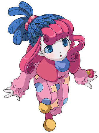 1girl, bikkuriman, blue_eyes, blush, circus, clown, colored_skin, female_focus, ichimai_ugou, lowres, pucci_orin, simple_background, solo, white_skin