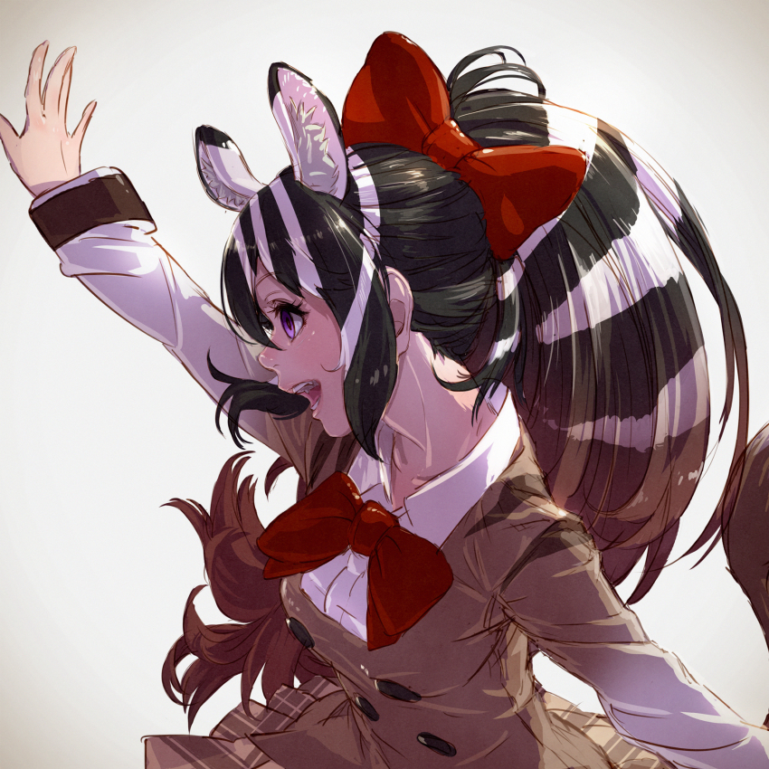 10s, 1girl, animal_ear_fluff, animal_ears, arm_up, blue_eyes, bow, bowtie