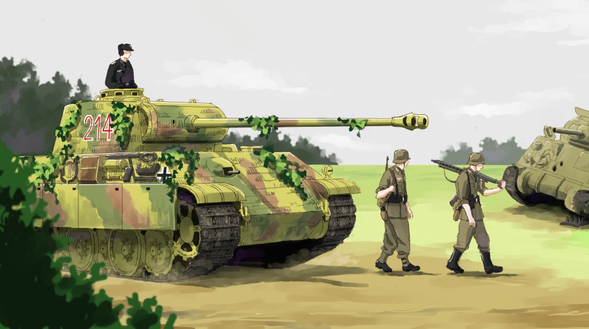 3boys, caterpillar_tracks, day, grass, gun, highres, m4_sherman, machine_gun, male_focus, mg42, military, military_vehicle, motor_vehicle, multiple_boys, panther_(tank), real_life, saigawa, sky, tank, tree, weapon, wehrmacht, world_war_ii