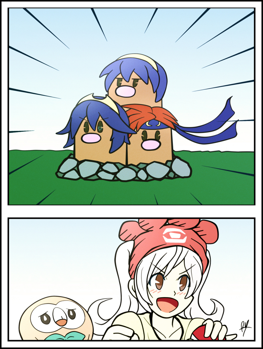 1girl, bandana, blue_hair, comic, cosplay, crossover, dugtrio, female_robin_(fire_emblem)