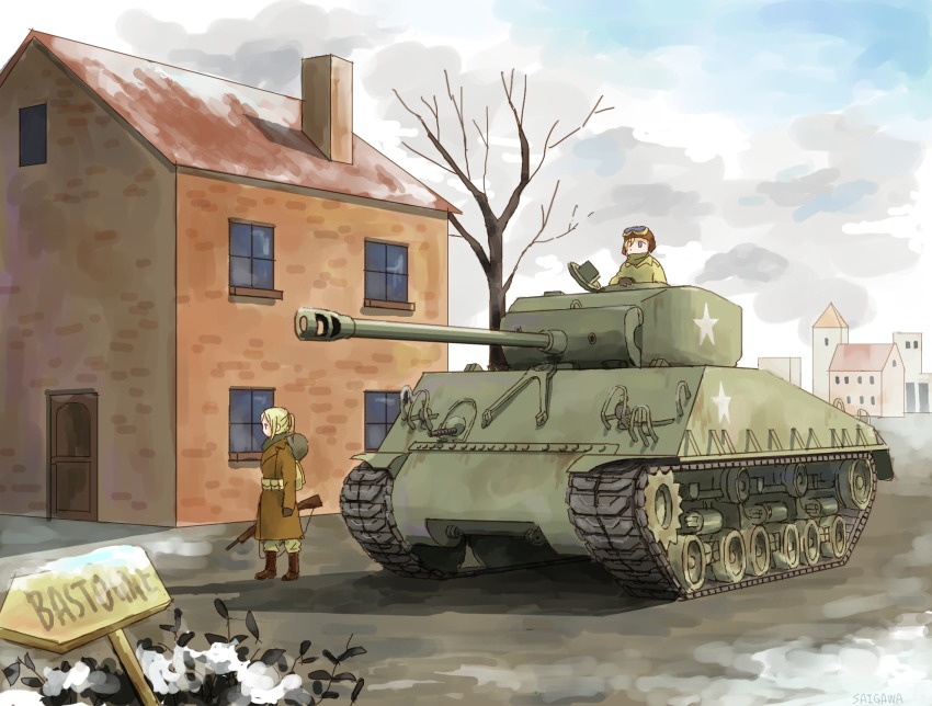 2girls, blonde_hair, caterpillar_tracks, cloud, day, gun, highres, house