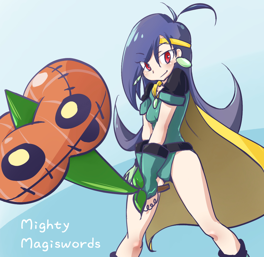 1girl, blue_hair, breasts, cape, female_focus, gloves, leotard, long_hair