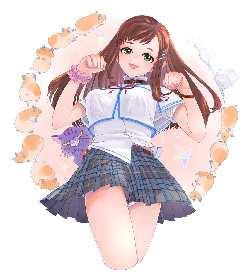 1girl, breasts, brown_hair, cat, commentary_request, female_focus, green_eyes, hair_ornament, hairclip, hamster, highres, long_hair, looking_at_viewer, medium_breasts, open_mouth, panties, paw_pose, skirt, smile, solo, sophia_esteed, sowasan_(sowasowa), star_ocean, star_ocean:_till_the_end_of_time, underwear