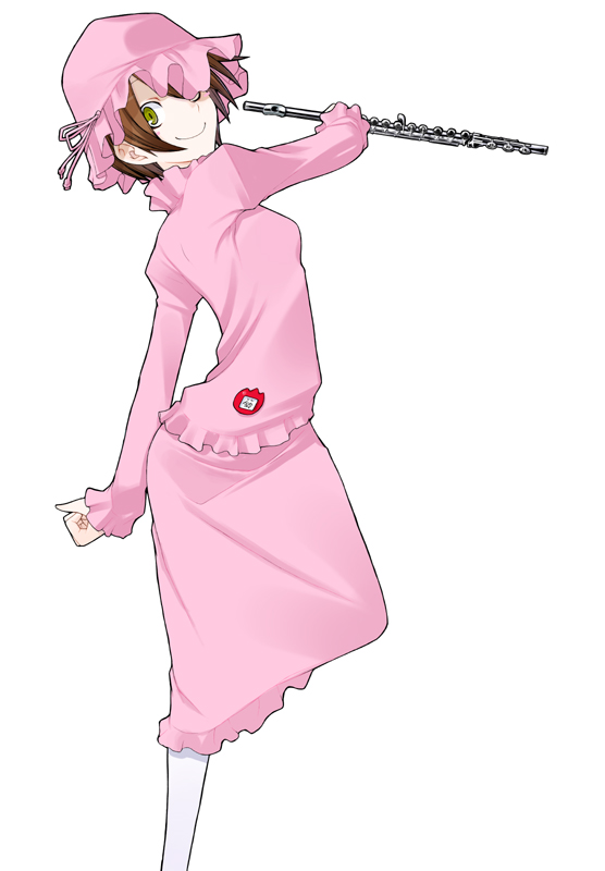 1girl, azuma_rin, badge, brown_hair, bucket_hat, female_focus, flute, hat