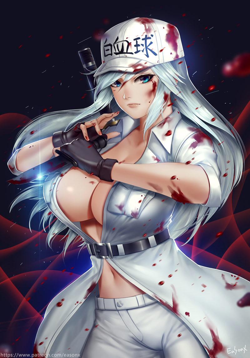10s, 1girl, baseball_cap, belt, black_gloves, blood, blood_on_clothes, blood_on_face, blood_splatter, blue_eyes, breast_pocket, breasts, newsboy_cap, center_opening, cleavage, closed_mouth, combat_knife, easonx, female_focus, fingerless_gloves, gloves, hat, hataraku_saibou, hataraku_saibou_black, holding, holding_knife, jacket, knife, large_breasts, long_hair, looking_at_viewer, nail_polish, navel, no_bra, pants, pink_nails, pocket, reverse_grip, solo, u-0001, u-1196, unbuttoned, uniform, weapon, white_blood_cell_(hataraku_saibou), white_hair, white_jacket, white_pants