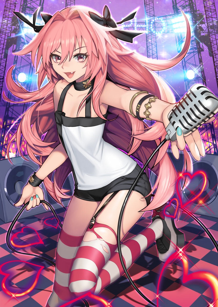 >:d, 1boy, absurdres, alternate_hairstyle, astolfo_(fate), astolfo_(noisy_obsession)_(fate), bare_shoulders, black_bow, black_collar, black_shorts, blue_nails, bow, bracelet, cable, checkered_floor, collar, collarbone, fang, fate/grand_order, fate_(series), garter_straps, hair_between_eyes, hair_bow, hair_intakes, heart, highres, idol, jewelry, long_hair, male_focus, microphone, monini, multicolored_nails, nail_polish, official_alternate_costume, pink_eyes, pink_hair, red_nails, shirt, short_shorts, shorts, solo, stage, standing, standing_on_one_leg, striped_clothes, striped_thighhighs, tank_top, thighhighs, thighs, torn_clothes, torn_thighhighs, trap, v-shaped_eyebrows, very_long_hair, white_shirt