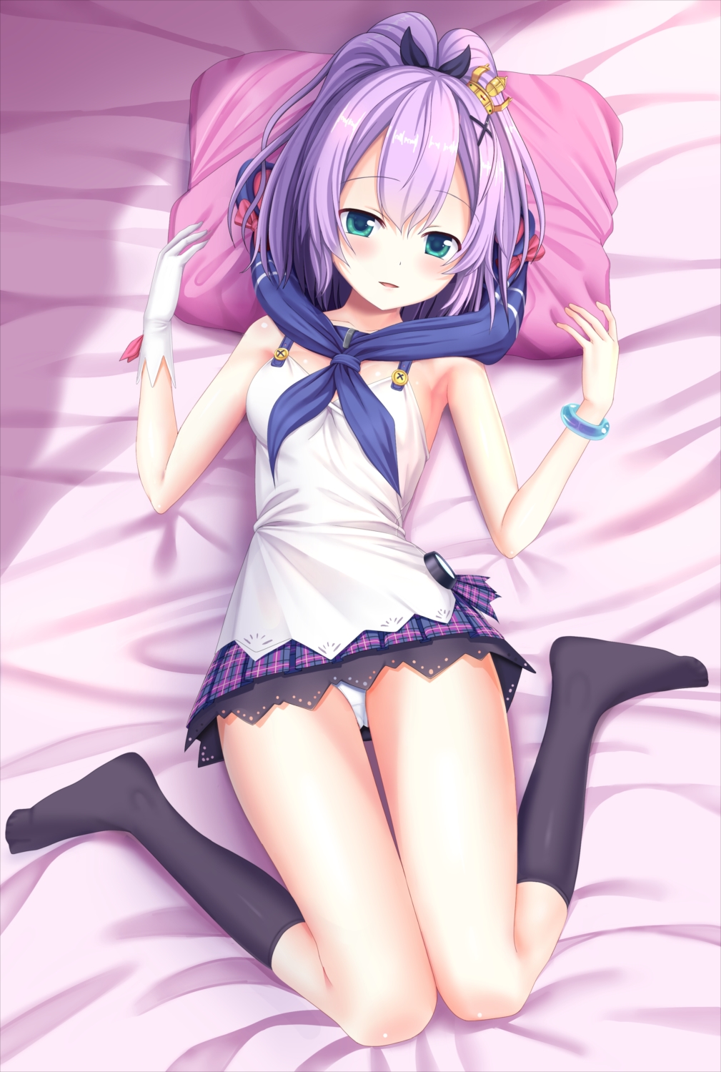 azur_lane, blue_eyes, breasts, commentary_request, crown, gloves, hair_ornament, hairclip, highres, javelin_(azur_lane), kawabata_mizuki, looking_at_viewer, open_mouth, panties, pantyshot, pillow, purple_eyes, sleeveless, small_breasts, socks, underwear