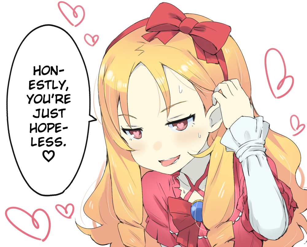 10s, 1girl, adjusting_hair, blonde_hair, bow, brown_eyes, dress, drill_hair