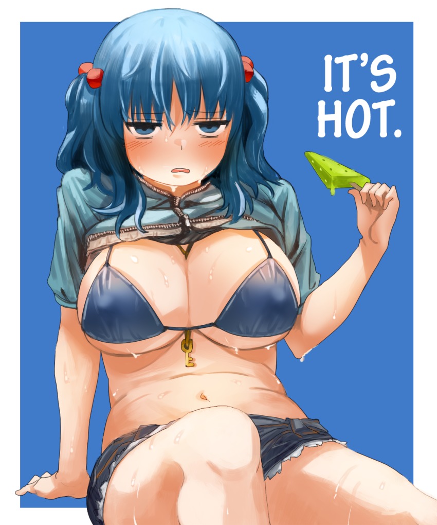 1girl, bikini, bikini_top_only, blue_background, blue_bikini, blue_eyes, blue_hair, blush