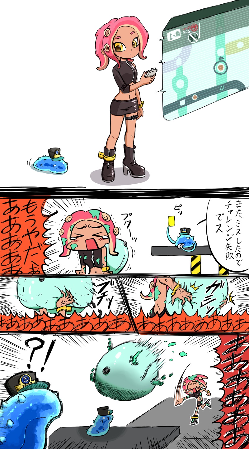 !?, >_<, 1girl, anger_vein, asymmetrical_clothes, black_hat, blush, c.q._cumber_(splatoon)