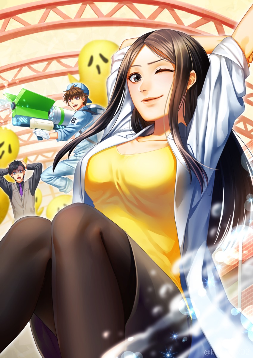 10s, 1girl, 2boys, b_cell_(hataraku_saibou), backwards_hat, cedar_pollen_allergen_(hataraku_saibou), hands_on_own_head, hat, hataraku_saibou, highres, kuonxxx02_(artist), lab_coat, long_hair, mast_cell, memory_cell_(hataraku_saibou), multiple_boys, necktie, one_eye_closed, pantyhose, shirt, uniform, yellow_shirt