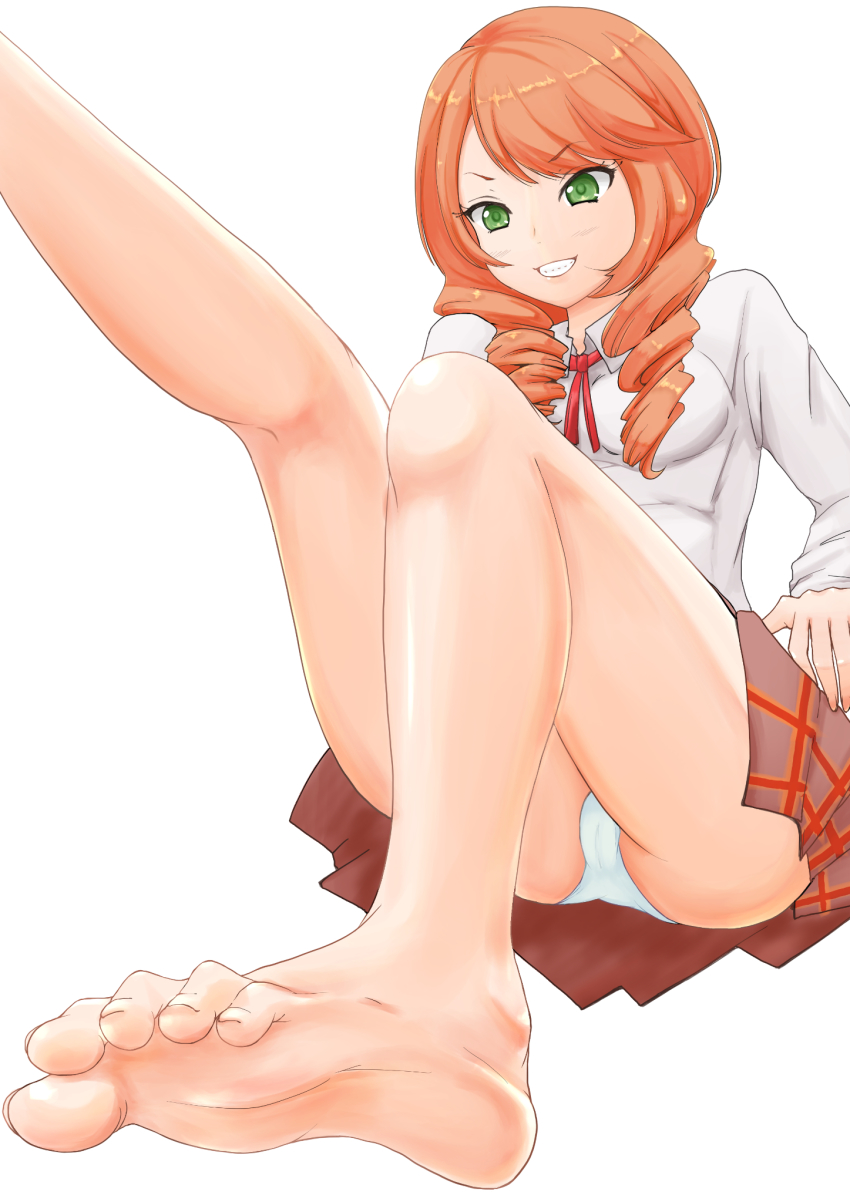 1girl, barefoot, drill_hair, feet, foot_focus, green_eyes, grin, highres
