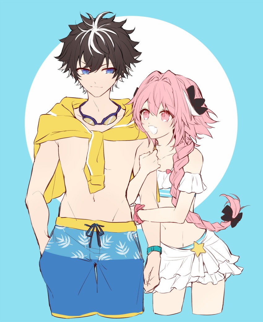 10s, 2boys, aqua_background, arm_hug, astolfo_(fate), astolfo_(sparkling_frills)_(fate), bikini, bikini_skirt, black_bow, black_hair, black_ribbon, blue_background, blue_eyes, blue_male_swimwear, blue_swim_trunks, bow, braid, charlemagne_(brave_king's_surf_shorts)_(fate), charlemagne_(fate), commentary_request, cowboy_shot, cropped_legs, drawstring, fang, fate/apocrypha, fate/extella, fate/extella_link, fate/extra, fate/grand_order, fate_(series), flat_color, goggles, goggles_around_neck, hair_bow, hair_intakes, hair_ribbon, hand_in_pocket, highres, hand_on_own_arm, kan'yu_(citron_82), leaf_print, long_braid, long_hair, looking_at_another, male_focus, male_swimwear, multicolored_hair, multiple_boys, off-shoulder_bikini, off_shoulder, official_alternate_costume, open_mouth, pink_eyes, pink_hair, pink_ribbon, print_male_swimwear, print_swim_trunks, print_swimsuit, ribbon, shirt_on_shoulders, simple_background, single_braid, sketch, smile, star_(symbol), streaked_hair, striped_bikini, striped_clothes, swim_trunks, swimsuit, trap, two-tone_hair, very_long_hair, white_hair, wrist_ribbon