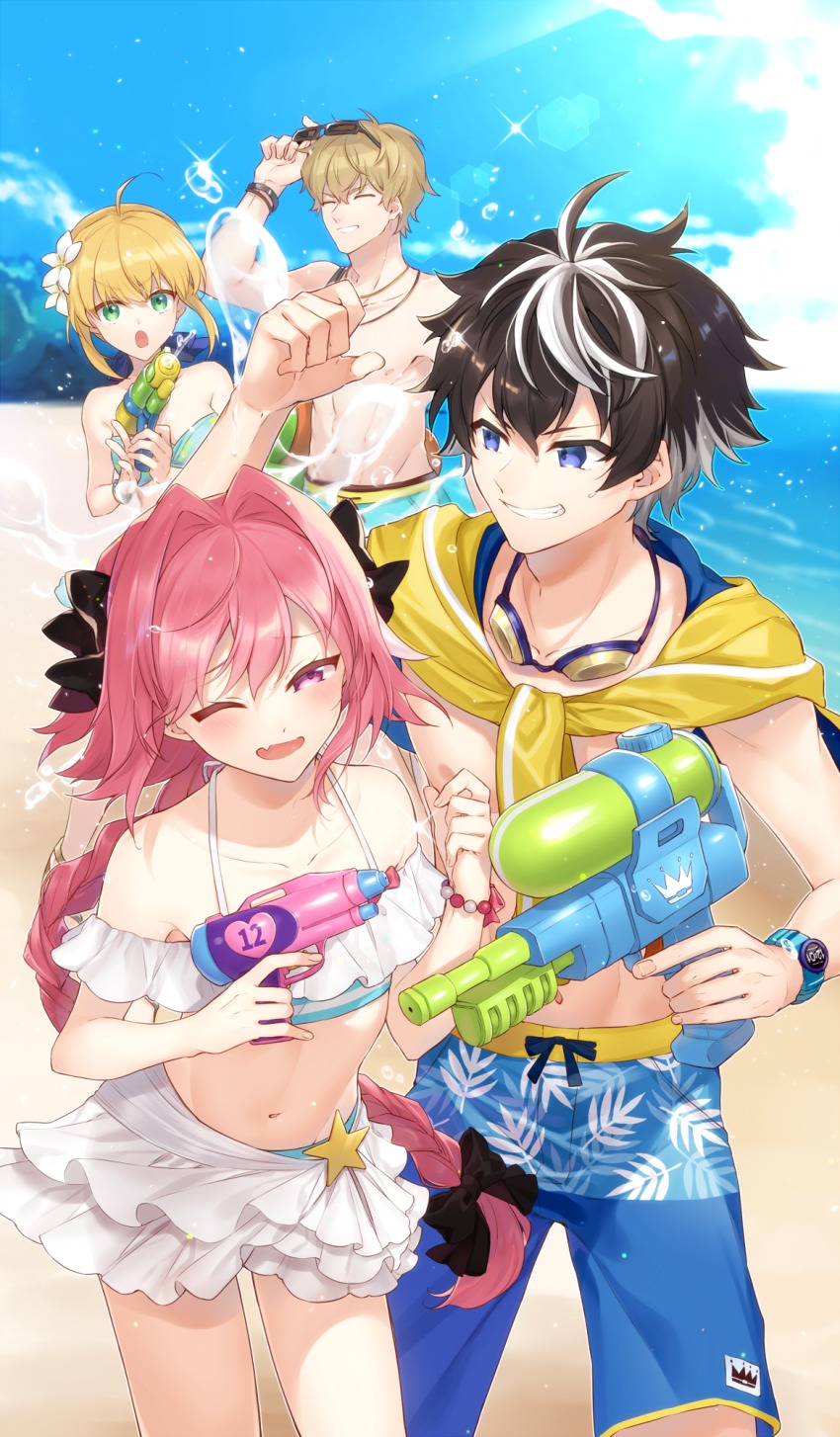 10s, 1girl, 3boys, ahoge, artoria_pendragon_(fate), artoria_pendragon_(swimsuit_archer)_(fate), astolfo_(fate), astolfo_(sparkling_frills)_(fate)