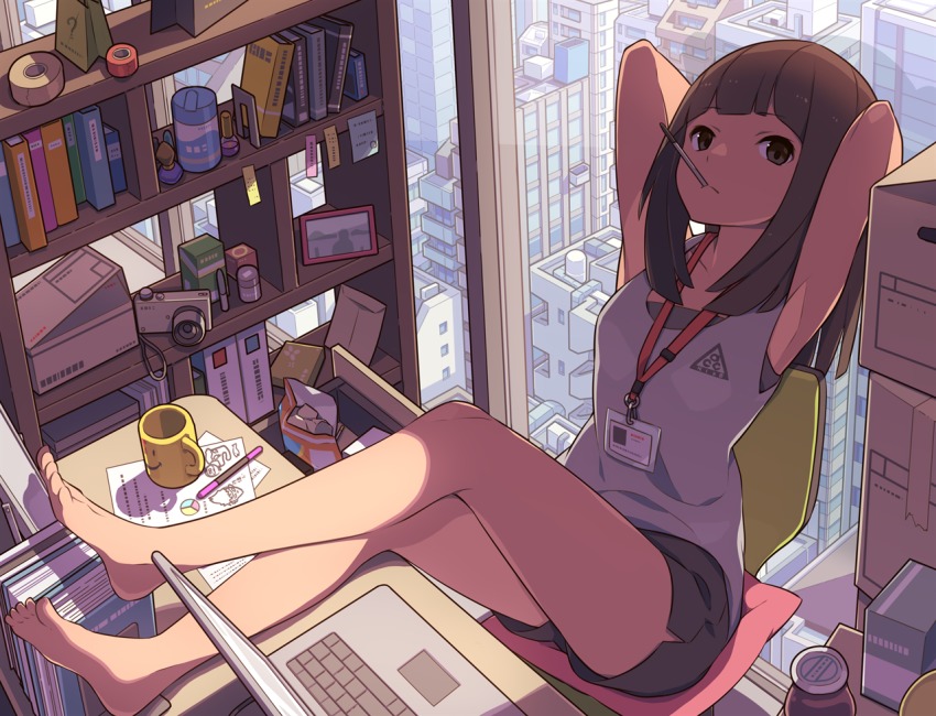 1girl, armpits, arms_behind_head, arms_up, bag_of_chips, bandeau, bare_arms, barefoot, black_shorts, blunt_bangs, book, bookend, bottle, box, brown_eyes, brown_hair, camera, cardboard_box, chair, city, closed_mouth, coffee_mug, commentary_request, computer, cup, cushion, day, duct_tape, envelope, feet_on_table, folder, id_card, indoors, jar, laptop, leaning_back, long_hair, mouth_hold, mug, on_chair, original, paper, pen, perfume_bottle, photo_(object), picture_frame, shelf, shirt, short_shorts, shorts, sidelocks, sleeveless, slice_of_life, smiley_face, straight_hair, table, tank_top, tomioka_jirou, white_shirt, window