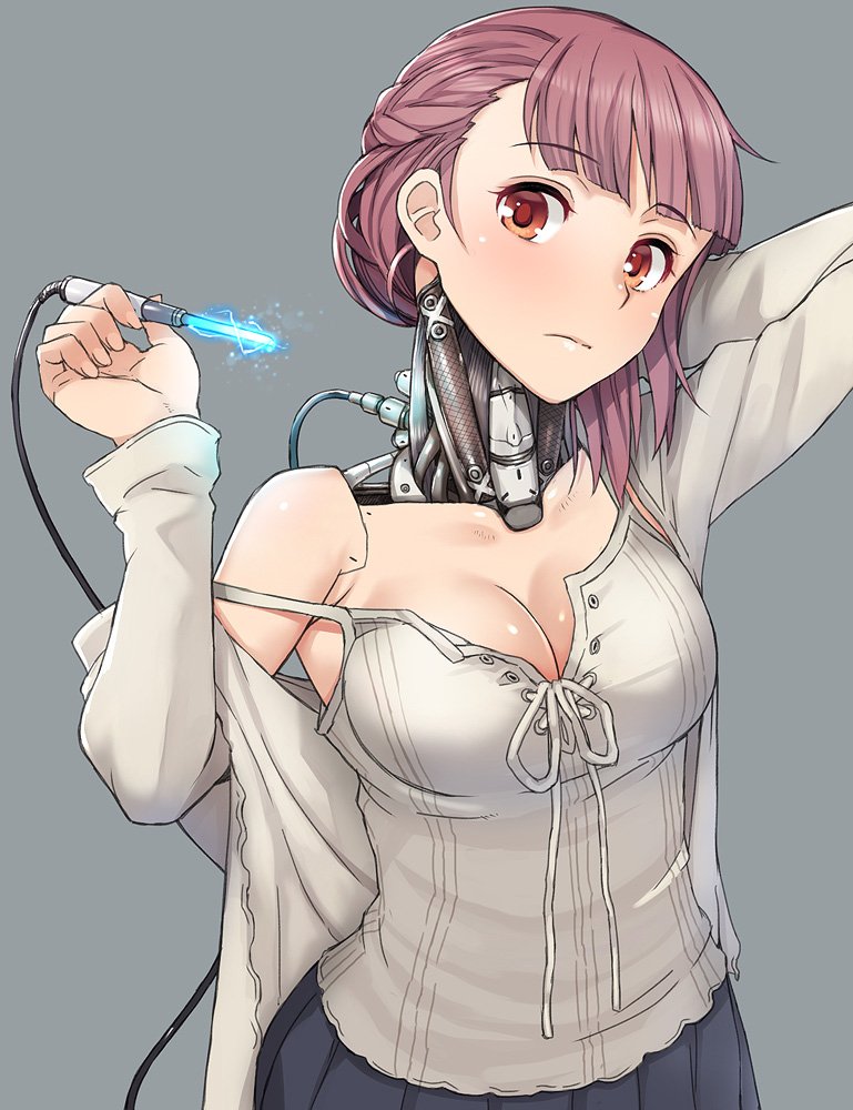 1girl, android, android_girl_aki, android_girl_kotomi, breasts, brown_eyes, brown_hair, cable