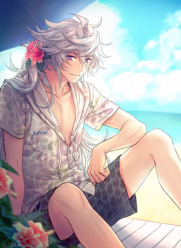 1boy, animal_print, bishounen, black_male_swimwear, black_swim_trunks, blurry, casual, depth_of_field, fate/grand_order, fate_(series), flower, hair_flower, hair_ornament, hawaiian_shirt, hibiscus, leopard_print, long_hair, looking_at_viewer, male_focus, male_swimwear, merlin_(fate), onigiri_(hfyt2533), print_male_swimwear, print_swim_trunks, print_swimsuit, purple_eyes, shirt, sitting, smile, solo, summer, swim_trunks, swimsuit, umbrella, vacation, white_hair