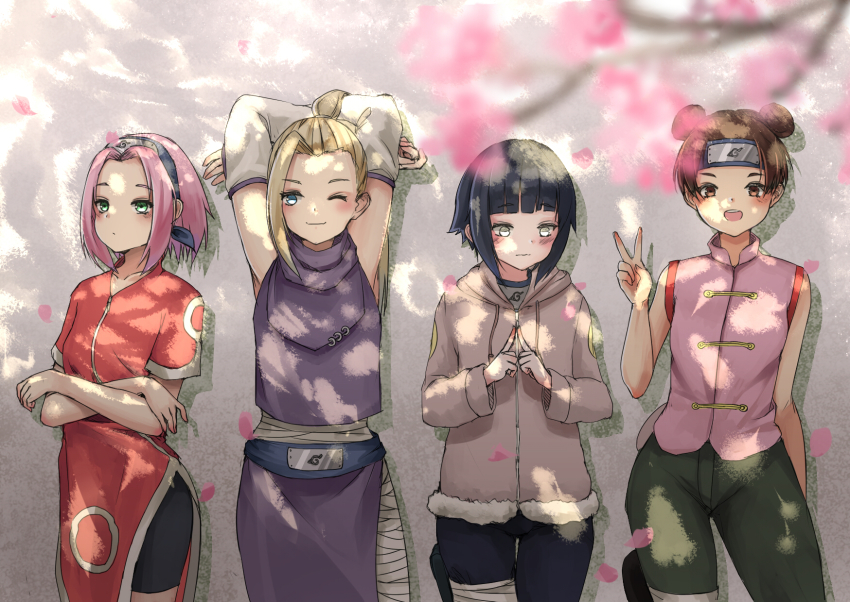 4girls, arms_behind_head, arms_up, bandaged_leg, bandages, blonde_hair, blue_eyes, blush, brown_eyes, brown_hair, cherry_blossoms, crossed_arms, double_bun, fingers_together, forehead_protector, fur_trim, green_eyes, hair_bun, haruno_sakura, high_ponytail, highres, hood, hoodie, hyuuga_hinata, konohagakure_symbol, kourou_(kouroukun), light_blush, multiple_girls, naruto_(classic), naruto_(series), one_eye_closed, open_mouth, petals, pink_hair, ponytail, side-by-side, single_hair_bun, smile, standing, tenten_(naruto), v, wavy_mouth, yamanaka_ino