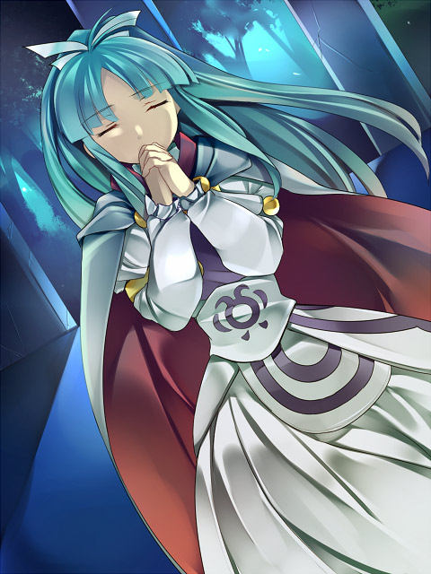 1girl, aqua_hair, bad_id, bad_pixiv_id, cape, closed_mouth, dress, female_focus, golden_sun, hair_ribbon, higeka, interlocked_fingers, long_hair, long_sleeves, mia_(golden_sun), own_hands_clasped, own_hands_together, ponytail, ribbon, solo, tree, white_cape, white_dress, white_ribbon, wide_ponytail