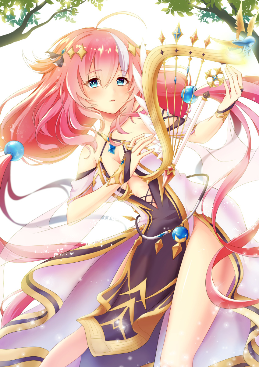 1girl, absurdres, ahoge, angel, bare_shoulders, bent_over, black_dress, black_gloves