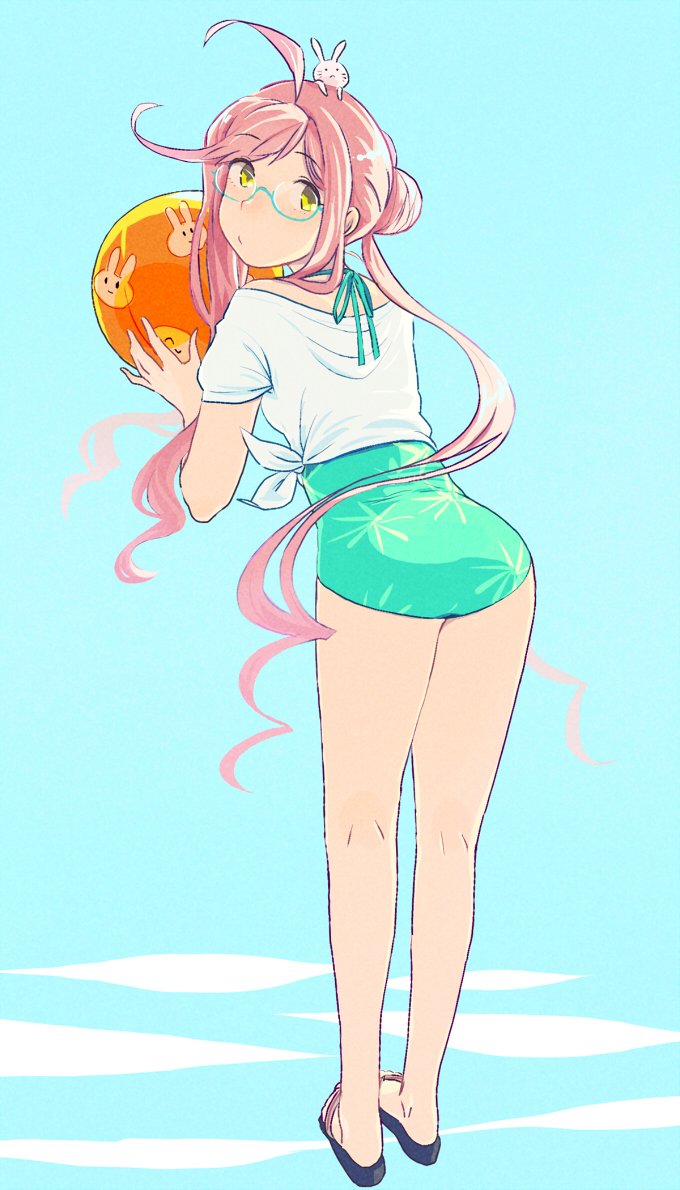 1girl, ahoge, animal, animal_on_head, ball, beachball, black_legwear, blue-framed_eyewear, blue_background, blue_one-piece_swimsuit, double_bun, female_focus, flip-flops, from_behind, full_body, glasses, hair_bun, holding, holding_ball, kantai_collection, long_hair, looking_at_viewer, looking_back, makigumo_(kancolle), on_head, one-piece_swimsuit, pink_hair, rabbit, sandals, semi-rimless_eyewear, shirt, short_sleeves, simple_background, solo, swimsuit, twintails, white_shirt, you_(yawnmgmg)