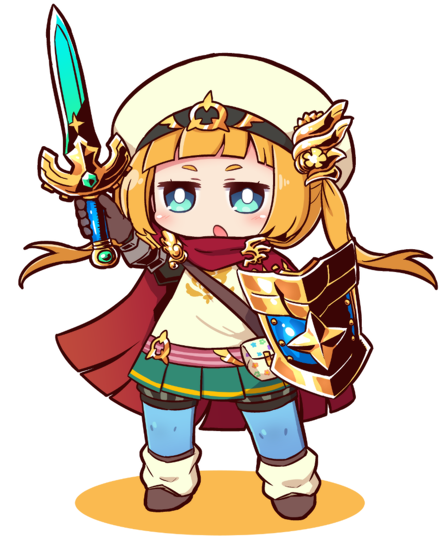 1girl, belt, belt_pouch, black_gloves, blonde_hair, blue_eyes, cape, etrian_odyssey