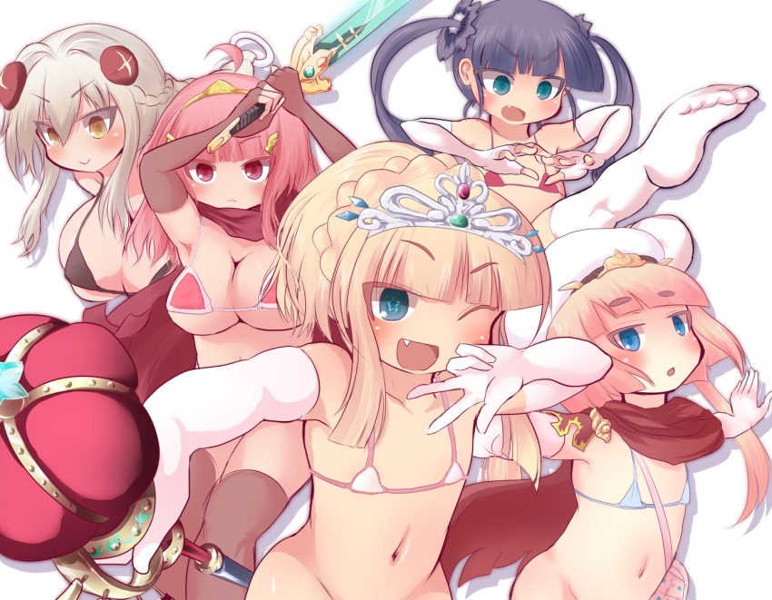 5girls, ahoge, atlus, benerokku, bikini, black_bikini, black_gloves, black_legwear