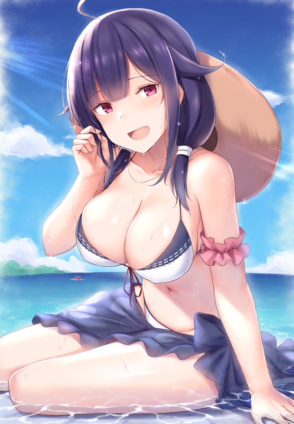 1girl, :d, ahoge, alternate_costume, arm_scrunchie, arm_support, bare_shoulders, beach