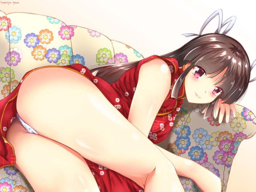 1girl, ass, breasts, brown_hair, china_dress, chinese_clothes, closed_mouth, couch