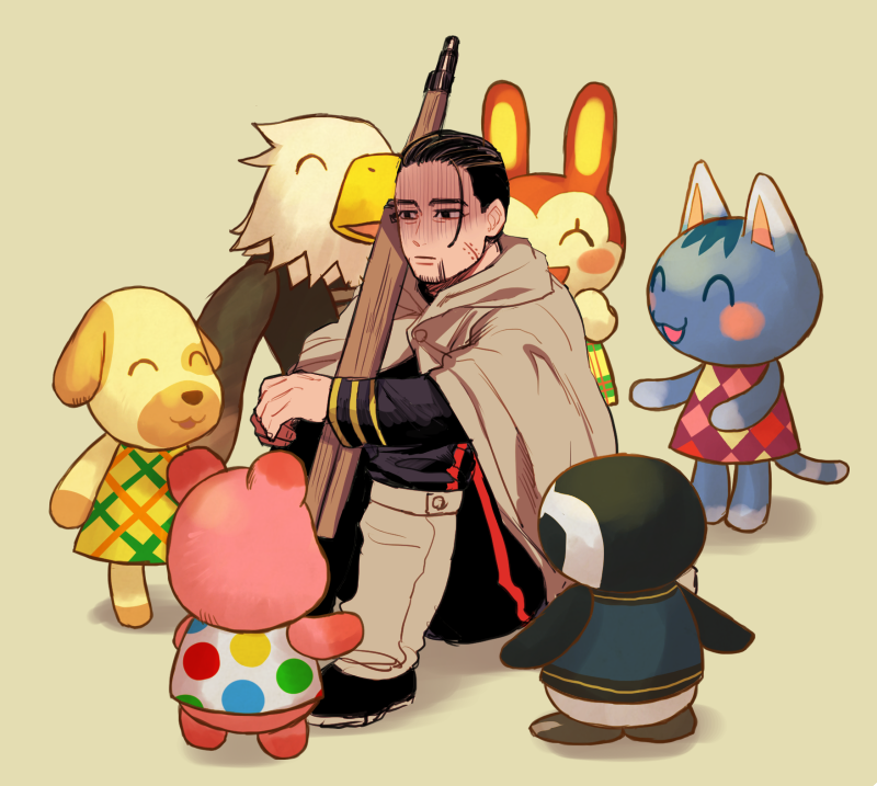 10s, 1boy, animal_crossing, apollo_(animal_crossing), apple_(animal_crossing), beard, black_hair, brown_background