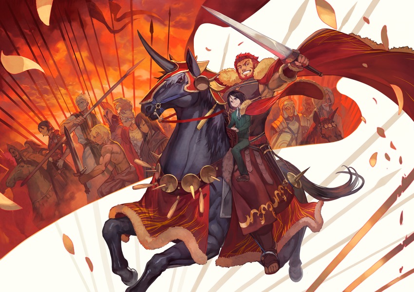 6+boys, armor, black_hair, bob_cut, bucephalus_(fate), fate/zero, fate_(series), green_pants, green_shirt, grin, helmet, highres, holding, holding_sword, holding_weapon, horse, horseback_riding, ionioi_hetairoi_(fate), iskandar_(fate), lack, male_focus, mithrenes_(fate), multiple_boys, necktie, pants, red_hair, riding, shield, shirt, shoes, smile, striped_clothes, striped_necktie, striped_neckwear, sword, toeless_legwear, topless_male, tunic, waver_velvet, waver_velvet_(zhuge_liang), weapon