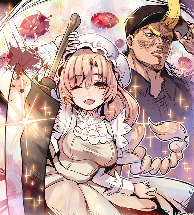 10s, 1boy, 1girl, ;d, adjusting_clothes, adjusting_headwear, apron, bad_id, bad_pixiv_id, baseball_cap, black_hat, black_shirt, blonde_hair, blood, blood_splatter, braid, breasts, cleaver, collared_shirt, dress, fujimaru_(green_sparrow), glint, hat, hataraku_saibou, holding_own_dress, light_brown_hair, long_sleeves, macrophage_(hataraku_saibou), medium_breasts, mob_cap, naive_t_(hataraku_saibou), one_eye_closed, open_mouth, orange_eyes, ponytail, shirt, short_hair, smile, thick_eyebrows, twitter_username, white_hat