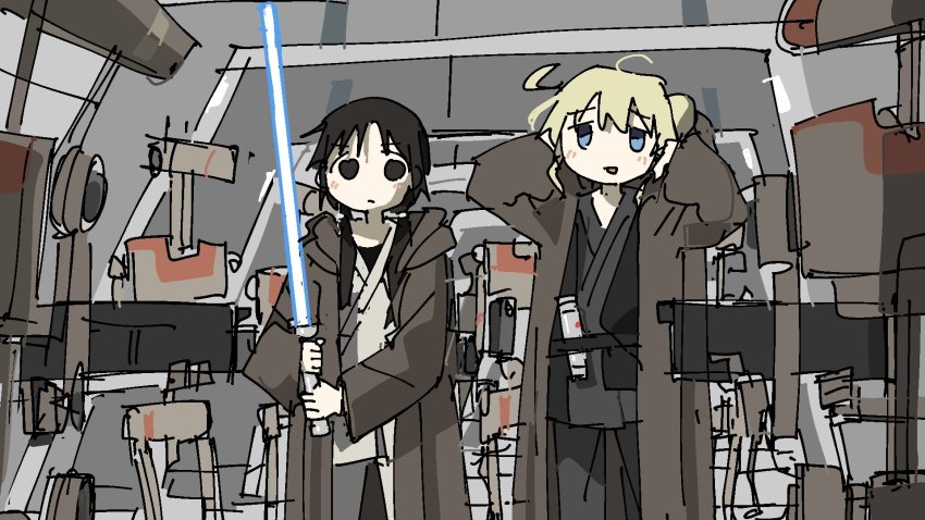 2girls, b1_battle_droid, black_eyes, black_hair, blonde_hair, blue_eyes, chito_(shoujo_shuumatsu_ryokou), clothing_request, confederacy_of_independent_systems, cosplay, energy_sword, highres, holding, holding_sword, holding_weapon, jedi, lightsaber, long_hair, multiple_girls, obi-wan_kenobi, obi-wan_kenobi_(cosplay), open_mouth, qui-gon_jinn, qui-gon_jinn_(cosplay), shoujo_shuumatsu_ryokou, standing, star_wars, star_wars:_the_phantom_menace, sword, tsukumizu, twintails, v-shaped_eyebrows, weapon, yuuri_(shoujo_shuumatsu_ryokou)